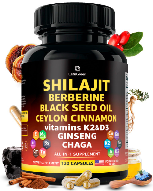 LetaGreen Organic Himalayan Shilajit Capsules with Black Seed Oil Berberine Cinnamon Ginseng Chaga & Taurine & Vitamin A, E, D3, K2 (120 Count) - All-in-1 Fulvic Acid Shilajit for Men & Women