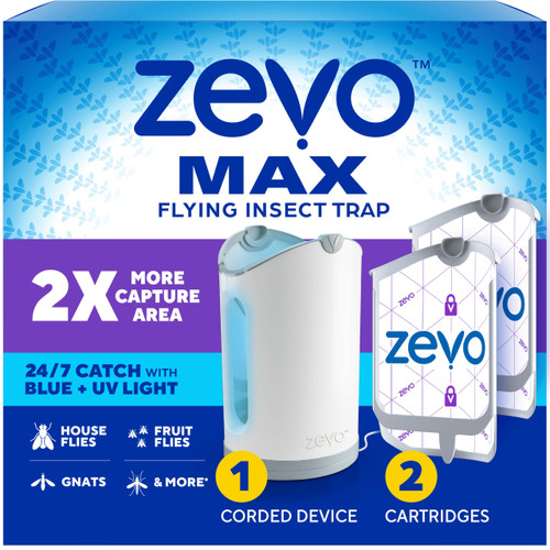 Zevo MAX Bug Catcher & Fly Trap for Indoors - Flying Insect Trap for Gnats, House & Fruit Flies - Use in Any Room - No-Mess Disposal (1 Plug in Base & 2 Cartridges)