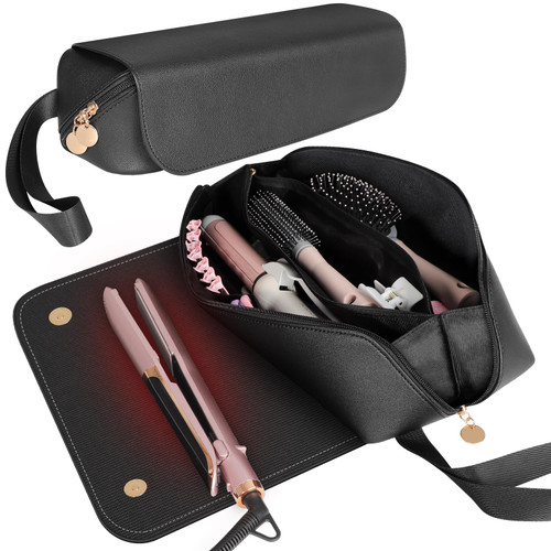 SS Hair Tools Travel Bag and Heat Resistant Mat for Hot Tools, Leather Curling Iron Case, Portable Essentials for Women, Black