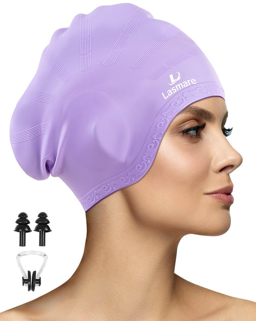 Long Hair Swim Cap for Women Men with 3D Ear Protection, Silicone Swimming Cap for Long/Short Hair to Keep Hair Dry, Waterproof Adult Swim Hats Bathing Caps with Ear Plugs & Nose Clip (Purple)