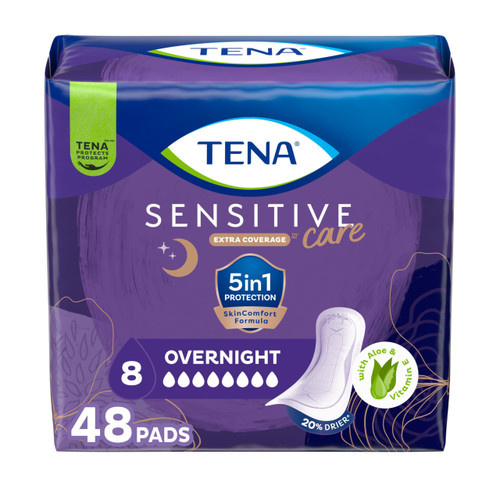TENA Sensitive Care Incontinence Pads, Bladder Control, Postpartum for Women, Overnight Absorbency, Extra Coverage, 48 Count