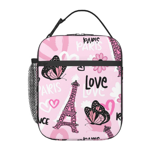 VANZEV Paris Eiffel Tower Lunch Box for Adults Kids Women Men Pink Butterfly Lunch Bag Cooler Tote Reusable Insulated Lunch Bag Container Gifts for Office Picnic Travel Work School