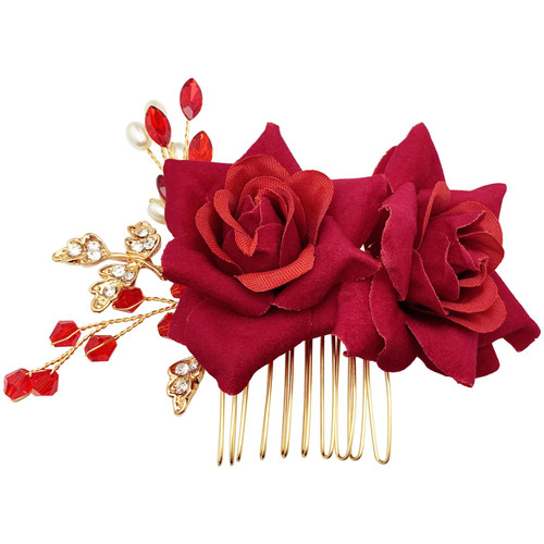 BETITETO Bridal Rose Flower Headpiece Boho Handmade Pearl Crystal Gold Leaf Red Flower Side Comb Hair Accessories for Wedding Party