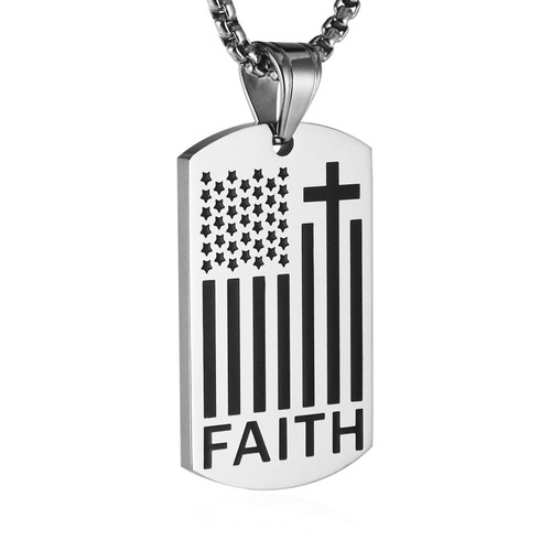 HZMAN American Flag Patriotic Cross Dog Tag Religious Faith Jewelry Pendant Necklace (Silver)