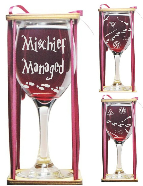 Mischief Managed Stemmed Wine Glass with Charm and Presentation Packaging