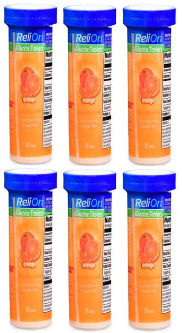 ReliOn Orange Flavor Glucose Tablets - 6 Pack of 10 Tablets Tube