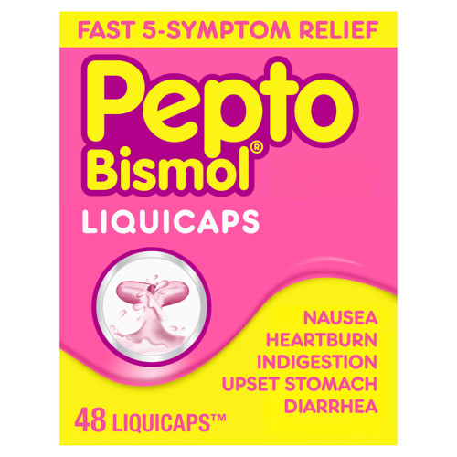 Pepto Bismol Liquicaps, Upset Stomach Relief, Bismuth Subsalicylate, Multi-Symptom Relief of Gas, Nausea, Heartburn, Indigestion, Upset Stomach, Diarrhea, 48 Liquicaps