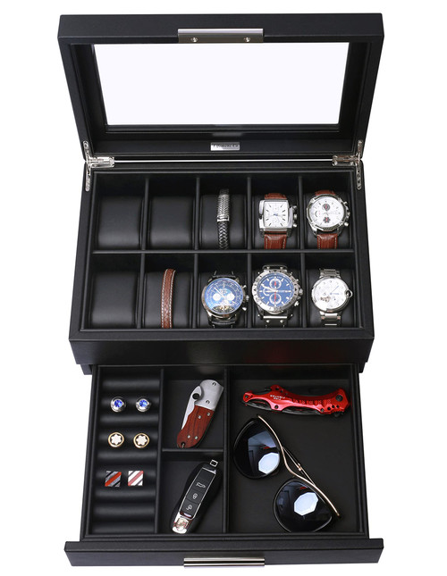 Lifomenz Co Leather Watch Box with Drawer for Men's Accessories Organizer, Jewelry Box with Large Watch Holder