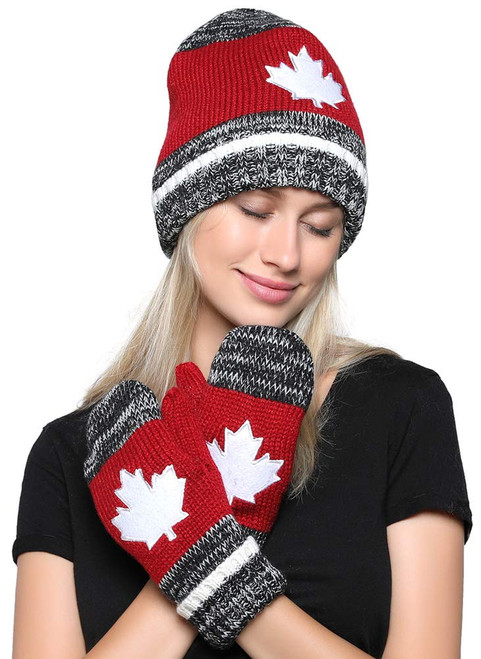Belle Dame Maple Leaf Canadian Themed Winter Beanie Hat Mittens Gloves Set Warm Knit with Fleece Lined, 501, One Size-Medium