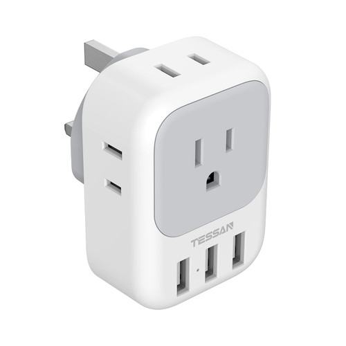 US to UK Plug Adapter, TESSAN Type G Ireland Travel Adaptor with 4 Electrical Outlet 3 USB Charger, USA to England Scotland London Dubai Hong Kong Singapore Kenya British Malaysia Tanzania