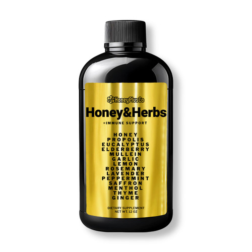 HoneyPlusCo | Honey&Herbs - Natural Honey Cough & Cold Relief +Immune Support - BroncoHoney (Reinforced with Propolis, Garlic, Lemon, Mint, Eucalyptus & More for Cough, Cold, Allergy) - 12 Oz