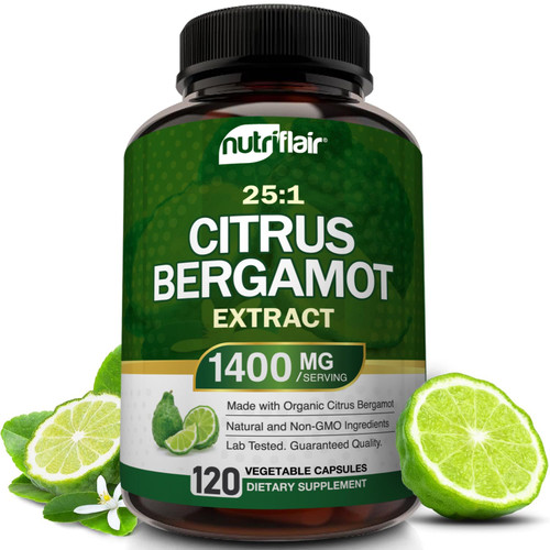 NutriFlair Organic Citrus Bergamot 1400mg, 120 Capsules - 25:1 Bergamia - Essential Oil and Citrus Bioflavonoids - Natural Heart Health Supplements for Women and Men - Non-GMO Pills