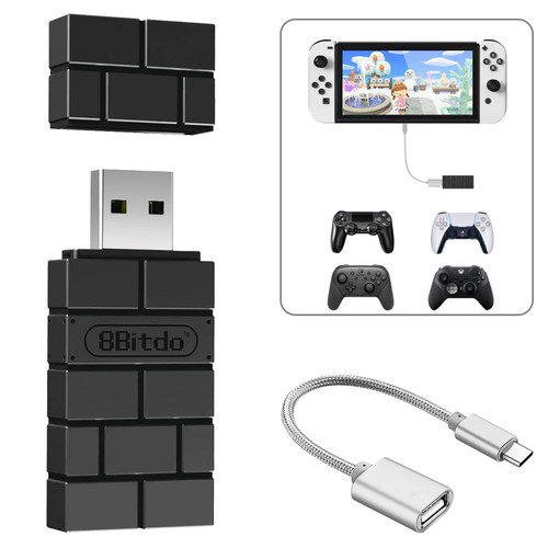 8BitDo USB Wireless Controller Adapter 2 Converter Dongle for Switch 2/Switch/Switch OLED,Steam Deck,Windowsi,macOS,PS5/PS4/PS3 Controller,Xbox Series X/S,Xbox One Bluetooth Controller OTG Cable