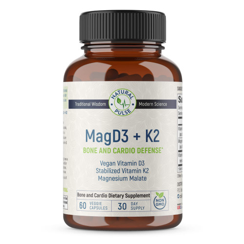Natural Pulse Magnesium Malate + Vegan Vitamin D3 + Stabilized Vitamin K2, Complete Support Supplement for Cellular Energy, Cardiovascular, Immune and Metabolic Health & Bone Strength, 90 Veggie Caps