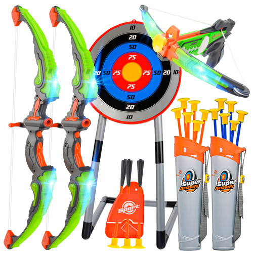 3 Pack Bow and Arrow for Kids 8-12, Kids Archery Set with LED Crossbow & 2 Light Up Bows & Bigger Stand Target & 15 Arrows, Kids Bow and Arrow Set for Boys 4-6 with 2 Quivers