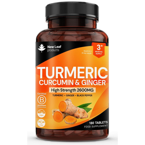 Turmeric Tablets with Black Pepper & Ginger - Curcumin - 180 Turmeric and Black Pepper Tablets (3 Month) High Strength Active Turmeric Supplements Not Capsules, by New Leaf