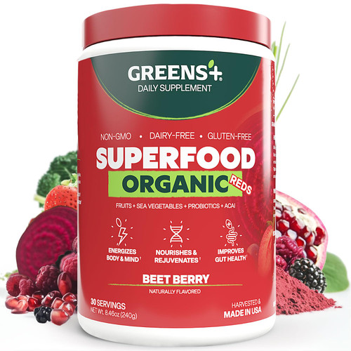 Greens+ Organic Reds Superfood Powder, Antioxidant, Polyphenol, Blend for Morning Kick, Energy, Vitality Boost, Nutrition, Vibrant Health, Vegan Soy/Dairy/Gluten Free(8.46oz)