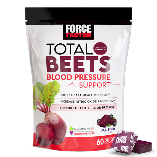 Force Factor Total Beets Blood Pressure Support Supplements with Beet Powder, Great-Tasting Beets Chewables for Heart-Healthy Energy, and Increased Nitric Oxide, 60 Chews