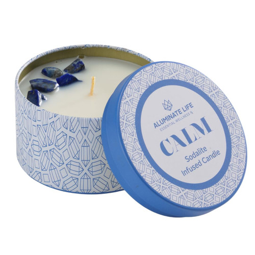 Aluminate Life Luxury Candle Tin, 4 OZ, Calm - Sodalite Crystal Infused - Scents of Chamomile, Howood, & Sage - Destress, Insight, Serenity, & Peace - Coconut Wax Blend, Essential Oils, Dr. Developed