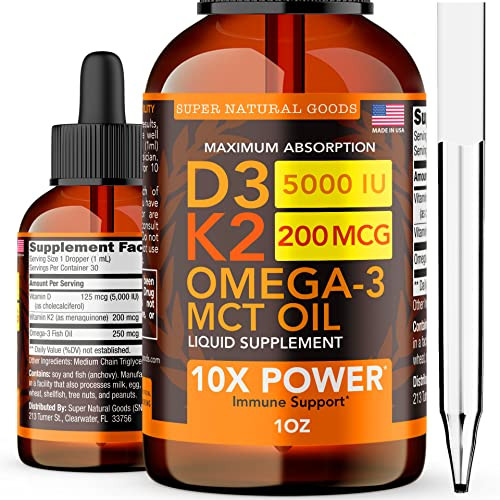 Vitamin D3 K2 Liquid Drops 5000 IU - Maximum Strength Vitamins D, K, MCT Oil & Omega 3. Bone, Heart, Joint, Muscle Support Supplement. Fast Absorption Formula. 4 in 1 Complex Formula. Non-GMO & Vegan