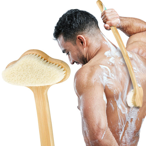 Back Brush, NURENDER Longer Handle(16.5inch) Bath Shower Brush,Back Scrubber for Shower,Natural Bamboo Shower Brush for Elder,Pregnant,Over-Weight.