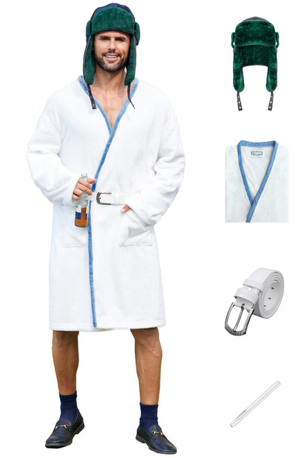 Mainfini Men Uncle Eddie White Robe Xmas Vacation Role Play Outfit with Hat and Belt Cousin Eddy Cosplay L