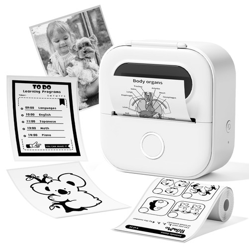 Ponek Print Pods Mini Printer, Sticker Maker Machine Y02C, Mini Portable Printer with 1 Roll Paper, Bluetooth Inkless Receipt for Phone, Thermal Portable Maker for Journal, Note, Photos, Learning
