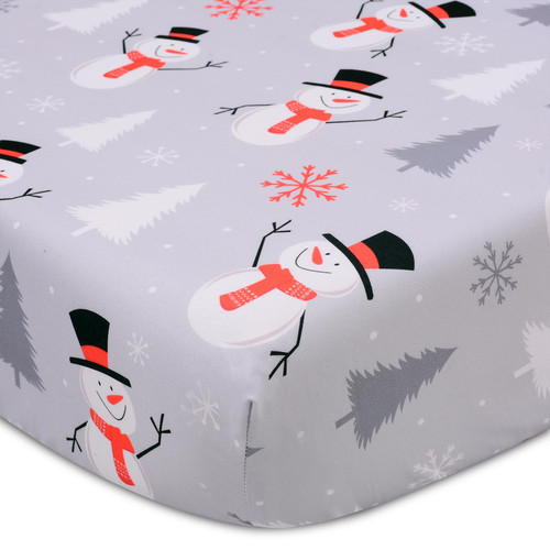 YHITBG Christmas Crib Sheet, Fitted Crib Sheet with Christmas Snowman, Snowflake, Pine Tree, Measuring 52'' x 28'' to fit Standard Crib & Toddler Mattresses, Gray