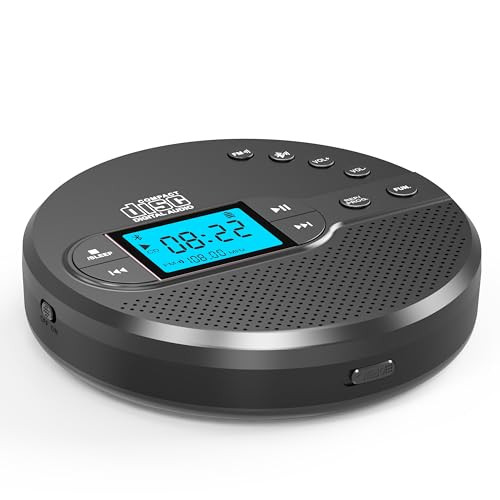 Sunoony Portable CD Player with Bluetooth, CD Player with FM Transmitter and Speakers for Car, Rechargeable Discman CD Player with Anti-Skip Protection, Headphones, LCD (Iron Grey)