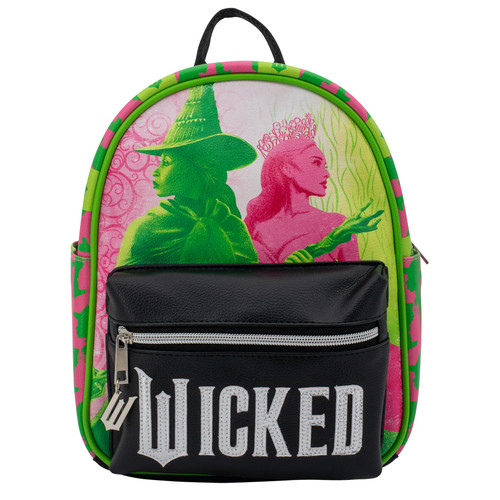 AI ACCESSORY INNOVATIONS Wicked, Elphaba & Glinda Mini Cosplay PU Backpack Purse, Shoulder Bag with Epoxy Filled Metal W Charm, 10.5 Inch, Faux Leather
