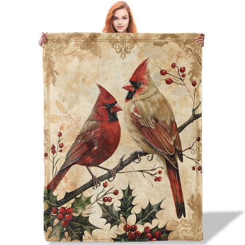 Plistiz Festive Cardinal Throw Blanket 50"x60", Bird Lover Blankets for Couch Bed Decor, Cozy Flannel Polyester Cardinal Gifts for Adults Kids