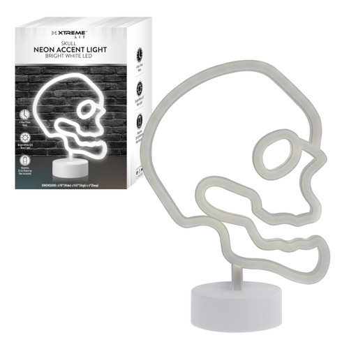 Xtreme Skull Neon Sign, White LED Skull Tabletop Sign with Holder Base, Battery Powered, 4 Hour Timer, Desktop Décor for Boys, Night Light for Boys Room, Christmas or Birthday Gift for Boys