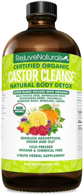 RejuveNaturals Castor Cleanse™ - USDA Organic Castor Oil, Chlorella, Spirulina, Roots & Greens for Wellness, Digestive Support, Daily Balance. 3-Month Supply Gut Cleanse Detox for Women & Men - 16oz.