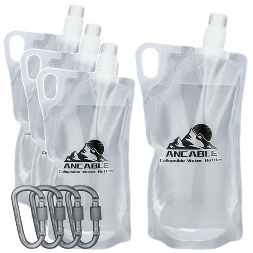 Ancable 1L Hiking Collapsible Water Bottles, 4-Pack 33OZ BPA-Free Foldable Backpacking Water Bottle for Travel Camping Hiking
