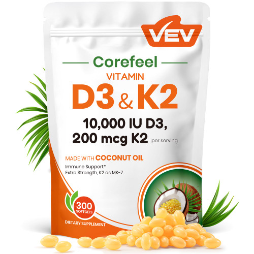 VEV Corefeel Vitamin D3 K2 10,000 IU, 200 mcg MK-7, 300 Coconut Oil Softgels, 2 in 1 Vitamins Supplement D & K (Include MK7), Easy to Swallow, Supports Calcium Absorption, Bone Health