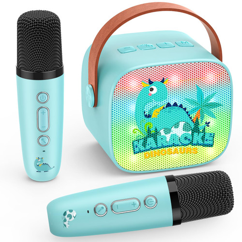 Dinosaur Karaoke Microphone Machine Toys: Colorful LED Portable Bluetooth Speaker with 2 Wireless Mics Boy Toys Christmas Birthday Gifts Stocking Stuffers for 4 5 6 7 8 9 Years Old Grandkids Ages 8-12