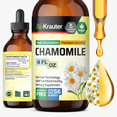 BIO KRAUTER® Chamomile Extract - Liquid Drops Pure Vegan Chamomile Supplement 670 mg per Serving 4 Fl.Oz 56-Day Supply - Used for Calm & Relax - Alcohol & Sugar Free - Natural Calm & Sleep Support