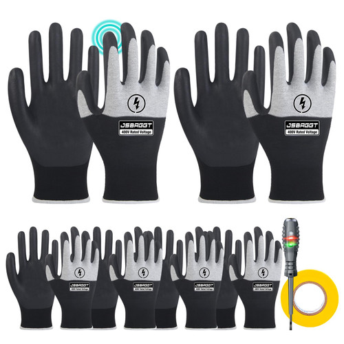 JSBAGGT Electrical Insulated Gloves,Voltage Resistance Electrician High Voltage Insulation Work Gloves Flame Retardant & Rubber Non-Slip Grip for Electrical Work (Black and White, 400V-6PC)