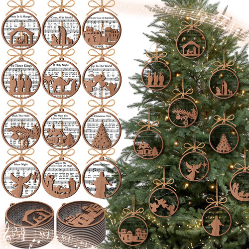 Quzzil 24 Pack Wooden Nativity Scene Ornaments - Christmas Gifts with Religious Catholic Themes, Jesus Ornaments for Tree