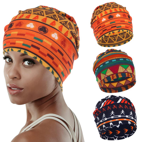 Bohend Bohemian Beanie Hats Headwear Cap Stretch Non Slip Bandanas Sleep Turbans Hats for Women Men Close top Head Covering(3 PCs) Multicoloured