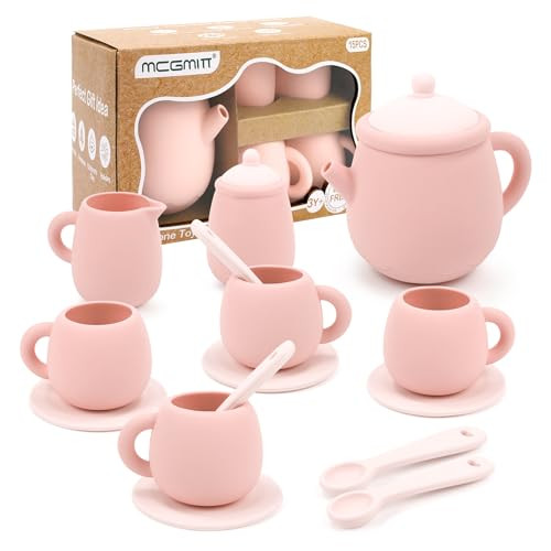 MCGMITT Silicone Tea Set, Tea Party Set for Little Girls Boys, 15 Pcs BPA Free Dishwasher Safe Pretend Tea Set for Toddlers Kids Age 3-6, Cute Toy Kitchen Accessories for Children Birthday Gifts