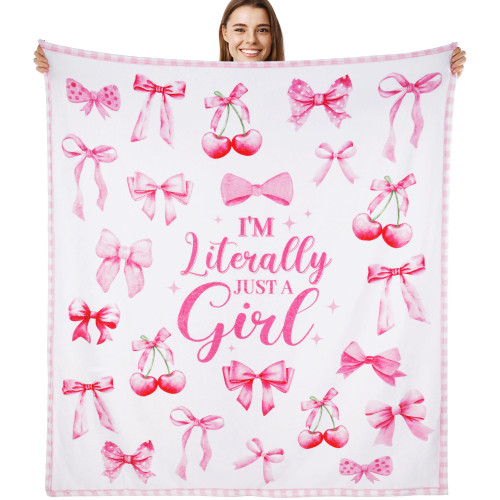 Pink Bow Cherry Girls Gift Throw Blanket, Funny Slogan Print Soft Cozy 50x60 Flannel Blanket Gifts for Women, Home Decor for Bed Sofa
