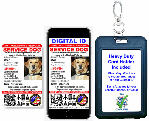 Just 4 Paws Custom Service Dog ID Card with QR Code & Security Seal and Optional Holograph | Registration to U S Service Dogs Registry Plus ID & Digital ID Holder- Portrait Style
