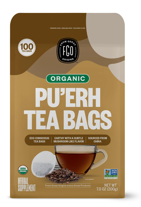 FGO Organic Pu'erh Tea, 100 Count, Eco-Conscious Black Tea Bags, Resealable Bag, Packaging May Vary (Pack of 1)