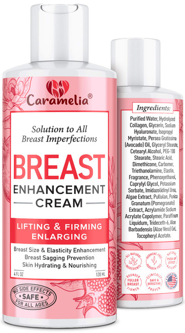 Caramelia Breast Enhancement Cream - USA Made, Firming & Lifting, Collagen-Infused, Sensitive Skin, Paraben-Free, 4 Fl Oz
