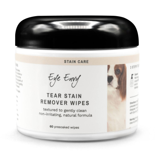 Eye Envy Tear Stain Wipes for Dogs. Textured to Gently Clean. Presoaked in 100% Natural Formula. Recommended by AKC Breeders, Vets, Groomers. Treats The Cause of Staining. USA Made. 60 Dog Eye Wipes