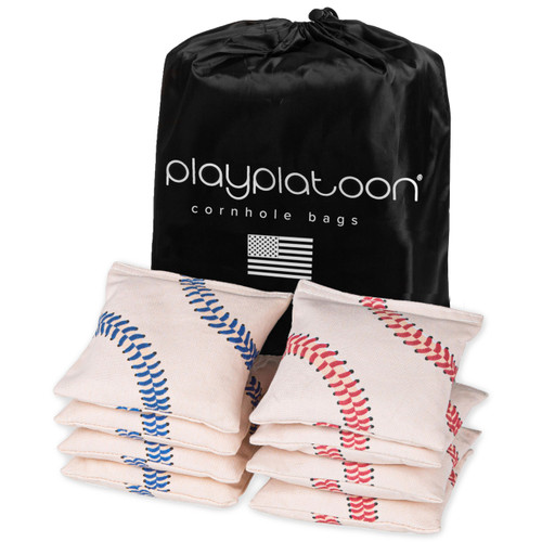Play Platoon Weather Resistant Cornhole Bags - Set of 8 Regulation Size - Red Baseball & Blue Baseball - Durable Duck Cloth for Tossing Game, Includes Tote Bag