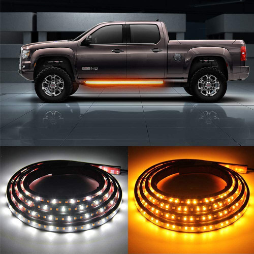 OPL5 2PCs Truck LED Running Board Lights Sequential Amber Side Marker Light 70 Inch Emergency Extended Crew Cab 216 LEDs Waterproof Flexible Turn Signal Light Bar for Pickup Trucks Car (70in)