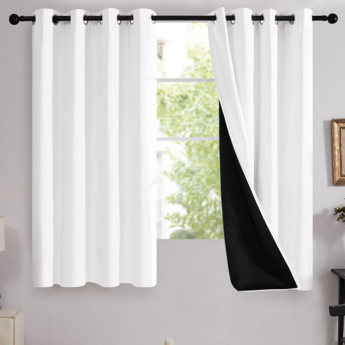 Deconovo 100% Blackout Curtains with Black Liner, Thermal Insulated Noise‑Reducing Grommet Drapes, Double‑Layer Room Darkening for Bedroom, Nursery, Home Office, 2 Panels, Pure White, 52W x 63L