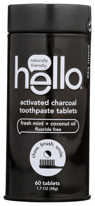 Hello Activated Charcoal Teeth Whitening Eco Friendly Travel Toothpaste Tablets, Fresh Mint and Coconut Oil, Fluoride Free, TSA Compliant, Vegan, SLS Free, Plastic-Free, 60 Tablets